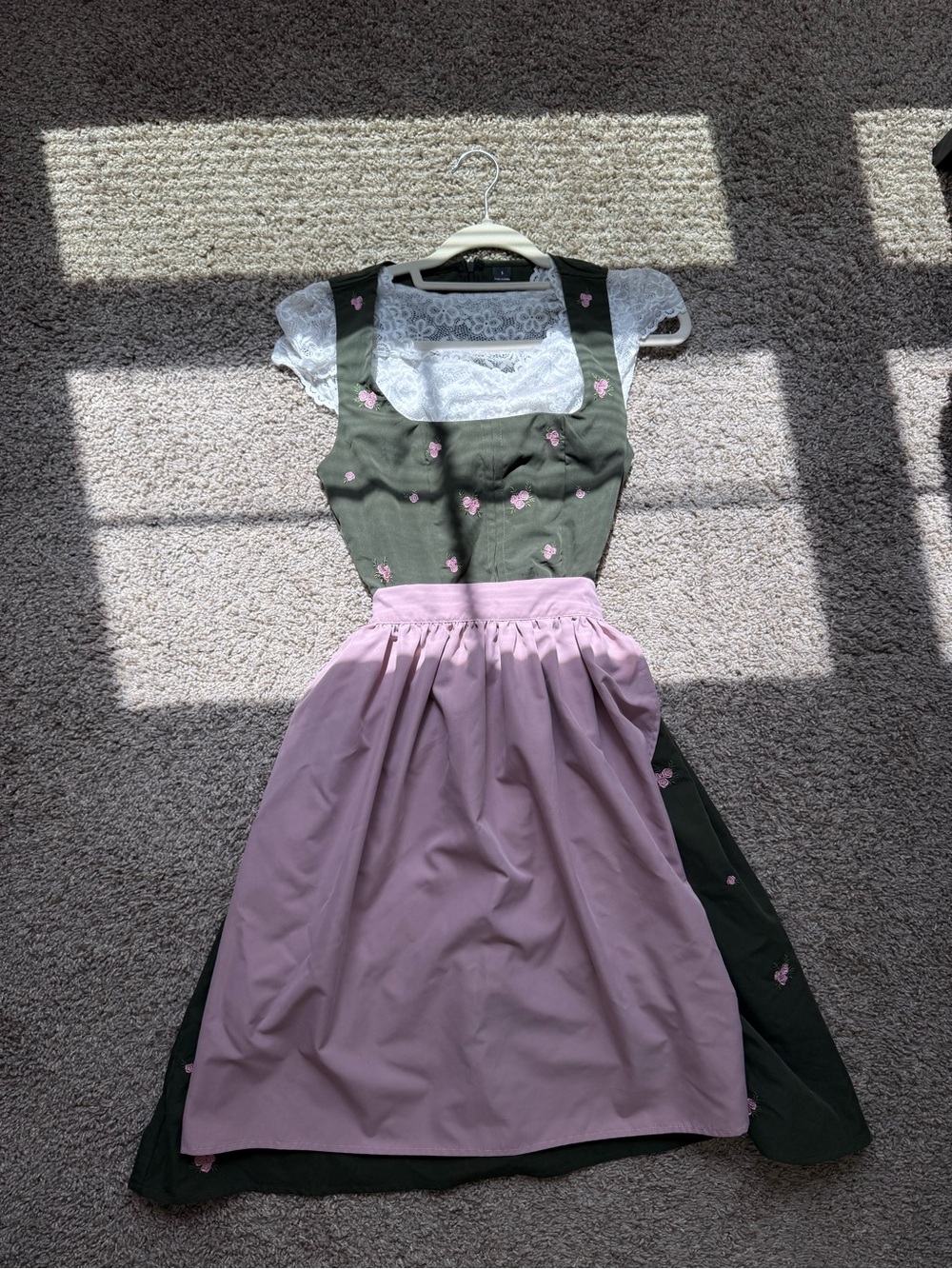 Olive Green & Pink Floral Dirndl Size Small